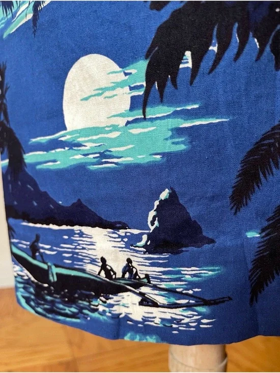 Rare Vtg 1950s Alfred Shaheen blue Hawaii island scene sweetheart wrap dress XS - Picture 6 of 16